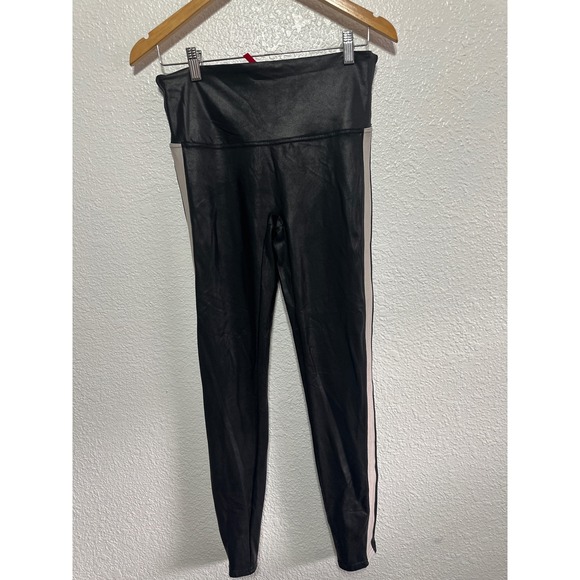 SPANX Faux Leather Leggings Black White Stripe High Waisted Womens Large - Picture 4 of 8